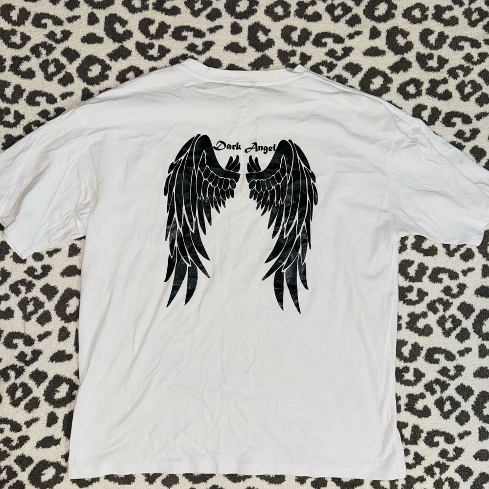 SHEIN Black and White Short Sleeve Tee with Angel Wings